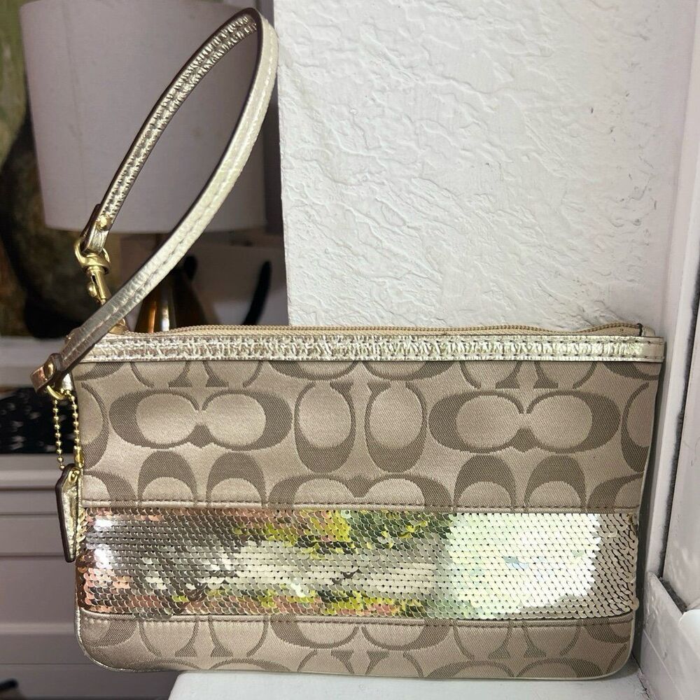 Coach Gold Leather and Sequence Classic Tan and Brown Wristlet